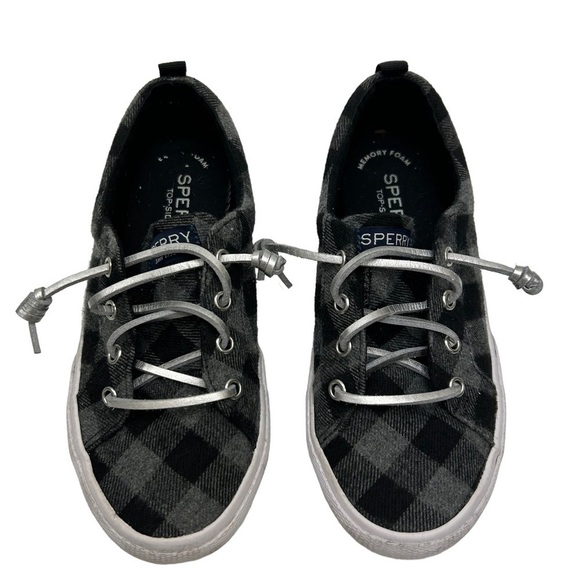 Sperry Girls SZ 1 Top Sider Pier Black Gray Weave Checker Sneaker Loafer Shoes - Picture 3 of 9